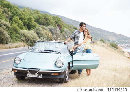Love, holiday and happy couple hug on road trip in countryside together for peace, travel or adventure. Thinking, convertible and people in car on vacation for journey, view and honeymoon romance 115434213