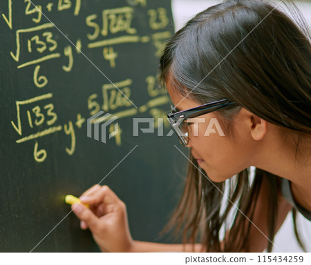 Girl, writing solution and blackboard with chalk as genius for learning, education and childhood development. Student, child and classroom for tuition, growth and knowledge in assessment for math Girl, writing solution and blackboard with chalk as genius for learning, education and childhood development. Student, child and classroom for tuition, growth and knowledge in assessment for math 115434259