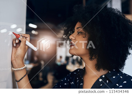 Woman, writing and planning in office with whiteboard, brainstorming and creative with pen for professional strategy. Thinking, ideas and business vision with employee, working and problem solving Woman, writing and planning in office with whiteboard, brainstorming and creative with pen for professional strategy. Thinking, ideas and business vision with employee, working and problem solving 115434346