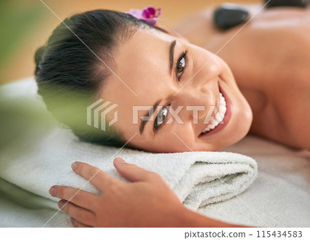 Portrait, smile for massage and woman in spa with towel to relax for health, peace or wellness. Calm, face and stress relief with happy customer in clinic or beauty salon for natural treatment Portrait, smile for massage and woman in spa with towel to relax for health, peace or wellness. Calm, face and stress relief with happy customer in clinic or beauty salon for natural treatment 115434583