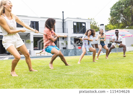 Diverse group of friends enjoys a tug-of-war game on a sunny lawn Diverse group of friends enjoys a tug-of-war game on a sunny lawn 115434626