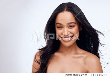 Haircare, portrait and happy woman in studio for keratin treatment, shampoo or cosmetics on white background. Hairstyle, beauty and model with texture for satisfaction, growth or collagen shine Haircare, portrait and happy woman in studio for keratin treatment, shampoo or cosmetics on white background. Hairstyle, beauty and model with texture for satisfaction, growth or collagen shine 115434766