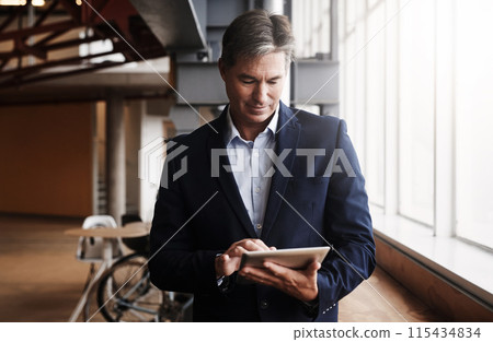 App, corporate and tablet with business man in eco friendly office for company management. Administration, research, and technology with mature employee in green workplace for email communication App, corporate and tablet with business man in eco friendly office for company management. Administration, research, and technology with mature employee in green workplace for email communication 115434834