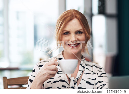 Happy, portrait and woman with coffee in cafe for drinking, morning and breakfast in city. Female person, smile and pride in restaurant with latte for brunch, relax and nutrition in New York Happy, portrait and woman with coffee in cafe for drinking, morning and breakfast in city. Female person, smile and pride in restaurant with latte for brunch, relax and nutrition in New York 115434949