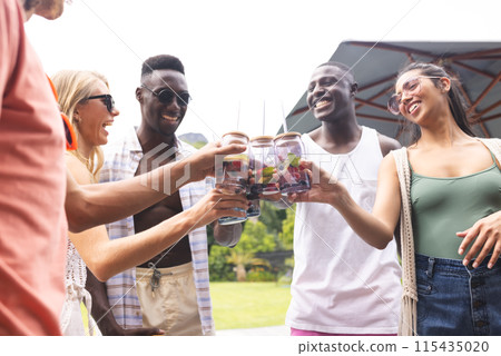 Diverse group of friends toasting with drinks, smiling during an outdoor gathering 115435020