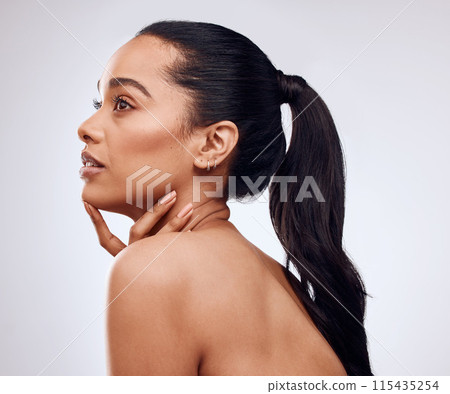 Beauty, thinking and woman in studio for skincare, cosmetics and glowing skin wellness on grey background. Dermatology, idea and profile of Mexican model planning Diy treatment for shine cosmetology Beauty, thinking and woman in studio for skincare, cosmetics and glowing skin wellness on grey background. Dermatology, idea and profile of Mexican model planning Diy treatment for shine cosmetology 115435254