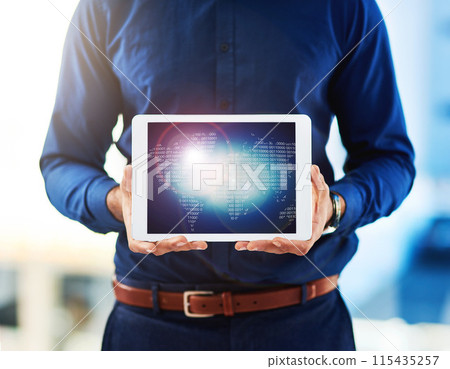 Business, man and tablet or screen for globalisation, digital transformation and communication or networking. Office, connectivity and worker or tech, virtual innovation and corporate presentation Business, man and tablet or screen for globalisation, digital transformation and communication or networking. Office, connectivity and worker or tech, virtual innovation and corporate presentation 115435257