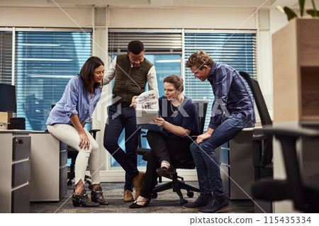 People, office and smile with notebook for ideas, planning and strategy for publication company. Employee, leader and happy with teamwork or collaboration and creativity for magazine project 115435334