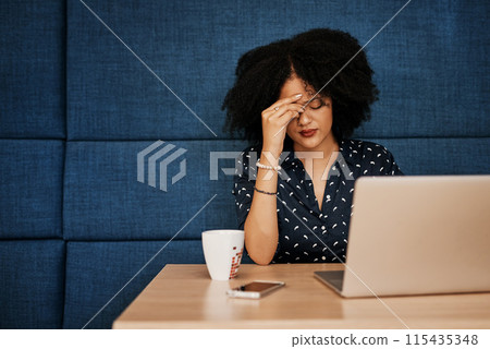 Black woman, headache and laptop with stress in burnout, financial crisis or debt at cafe. Tired African, female person or employee with migraine, depression or anxiety on computer at coffee shop Black woman, headache and laptop with stress in burnout, financial crisis or debt at cafe. Tired African, female person or employee with migraine, depression or anxiety on computer at coffee shop 115435348