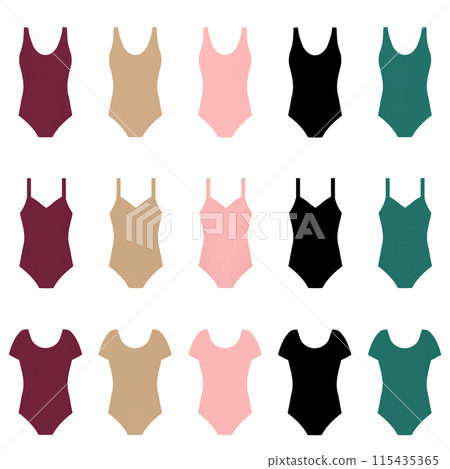 Illustrations of leotards with various neckline and sleeve shapes Illustrations of leotards with various neckline and sleeve shapes 115435365