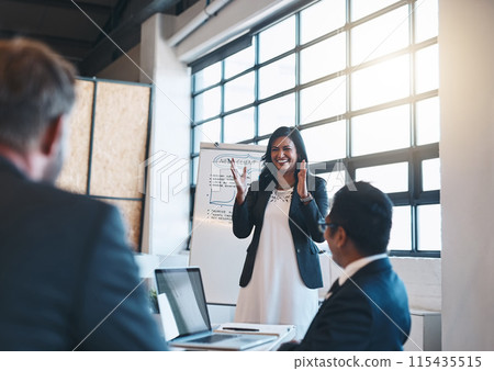 Meeting, presentation and manager with business people in office for planning, whiteboard and project ideas. Corporate, diversity and woman talk with workers for teamwork, collaboration and feedback 115435515