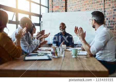 Portrait, business people and applause in office for meeting success, achievement and good news. Boardroom, mature ceo and public relations team for celebration, clapping hands and target victory 115435555