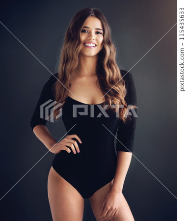 Fashion, smile and woman in studio with leotard for bodysuit, underwear or ballet costume on dark background. Dancer, aesthetic and model with pride for happiness, retro or ballerina style on mockup Fashion, smile and woman in studio with leotard for bodysuit, underwear or ballet costume on dark background. Dancer, aesthetic and model with pride for happiness, retro or ballerina style on mockup 115435633