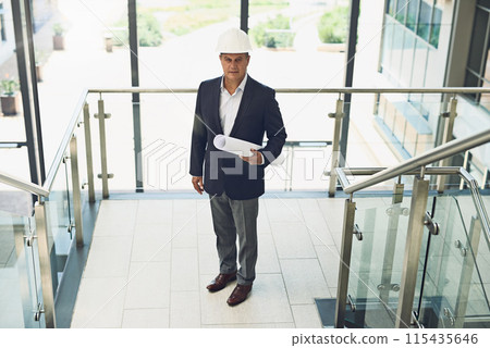 Mature, businessman and architect with blueprint in office building for project management, property planning or top view. Contractor, person or engineering portrait with floor plan for renovation 115435646