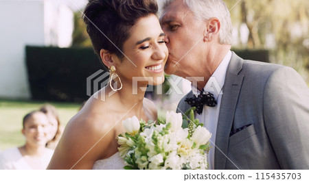 Kiss, father and daughter for happy wedding, pride and support of family for ceremony, celebration and marriage . Woman, bride and senior man, tradition in nature park or bonding while together Kiss, father and daughter for happy wedding, pride and support of family for ceremony, celebration and marriage . Woman, bride and senior man, tradition in nature park or bonding while together 115435703