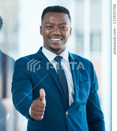 African businessman, portrait and thumbs up in office for achievement and success in career. Trader, professional and promotion in corporate company for goals, development and happiness for increase African businessman, portrait and thumbs up in office for achievement and success in career. Trader, professional and promotion in corporate company for goals, development and happiness for increase 115435708