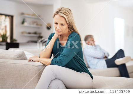 Couch, couple and fight in home for annoyed, divorce or married people for argument. Disagreement, sofa or living room for frustrated woman, affair or emotions in toxic relationship with male partner 115435709