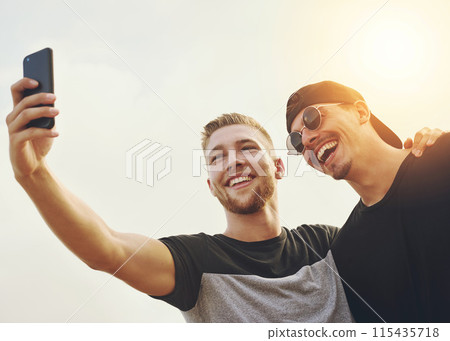 Men, smile and friends with outdoor selfie for social media app, sunglasses and summer vlog for memory together. Male people, happy influencer and picture or live streaming for online blog and post Men, smile and friends with outdoor selfie for social media app, sunglasses and summer vlog for memory together. Male people, happy influencer and picture or live streaming for online blog and post 115435718