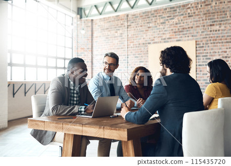 Designers, happy or manager in meeting for brainstorming, collaboration or teamwork for solution. Talking, business workshop or people in group for problem solving, planning or learning in startup 115435720