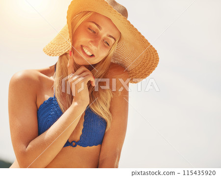 Girl, thinking and bikini on beach in summer with hat for tropical vacation or trip, happy and relax with sunshine. Woman, swimsuit and blue sky in outdoor in California for holiday, break and travel Girl, thinking and bikini on beach in summer with hat for tropical vacation or trip, happy and relax with sunshine. Woman, swimsuit and blue sky in outdoor in California for holiday, break and travel 115435920