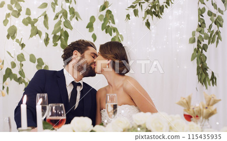 Couple, kiss and ceremony of wedding for love, marriage and commitment at reception. People, affection and romance in relationship, partnership and loyalty or support and together for celebration 115435935