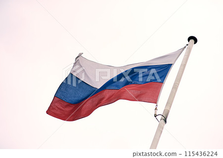 Russian, flag and sky for country symbol and patriotic, wind and culture on pole. Politics, war or government for crime and conflict in warzone, change and justice or peace for Soviet Union or Moscow 115436224
