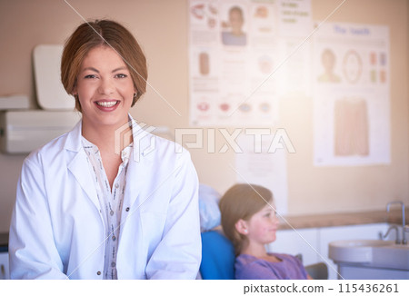 Healthcare, dentist and portrait of woman with patient for dental care, medical service and pride. Clinic, smile and face of person with girl for oral hygiene, consultation and tooth extraction 115436261