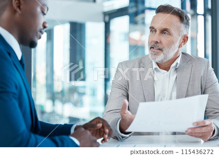 Business people, meeting discussion and paperwork for collaboration with partnership and planning strategy in office. Corporate men, contract and talking for hiring and onboarding with job interview 115436272