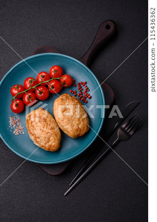 Delicious fresh fried minced cutlets with spices and herbs 115436362