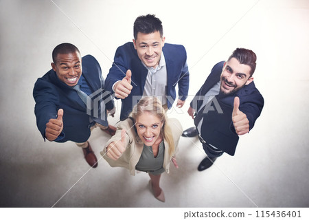 Business people, success and thumbs up for support, like or winning in legal case with portrait from above. Professional group or team of lawyers with vote, feedback and yes or good job in law firm Business people, success and thumbs up for support, like or winning in legal case with portrait from above. Professional group or team of lawyers with vote, feedback and yes or good job in law firm 115436401