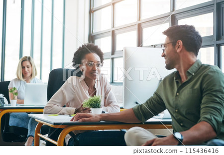 Creative agency, business people and smile in office for discussion, planning and question. Workspace, colleagues or coworkers as content writer, journalist or editor to brainstorm for teamwork Creative agency, business people and smile in office for discussion, planning and question. Workspace, colleagues or coworkers as content writer, journalist or editor to brainstorm for teamwork 115436416