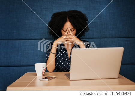 Woman, headache and laptop with stress at cafe in burnout, financial crisis or debt. Female person, hands and tired employee with migraine, depression or deadline anxiety on computer at coffee shop 115436421