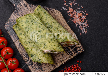 Delicious homemade pancakes with spinach, salmon, Philadelphia cheese 115436427