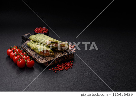 Delicious homemade pancakes with spinach, salmon, Philadelphia cheese 115436429