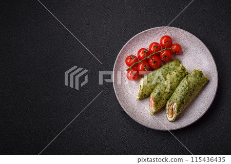 Delicious homemade pancakes with spinach, salmon, Philadelphia cheese Delicious homemade pancakes with spinach, salmon, Philadelphia cheese 115436435