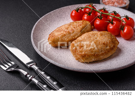 Delicious fresh fried minced cutlets with spices and herbs Delicious fresh fried minced cutlets with spices and herbs 115436482