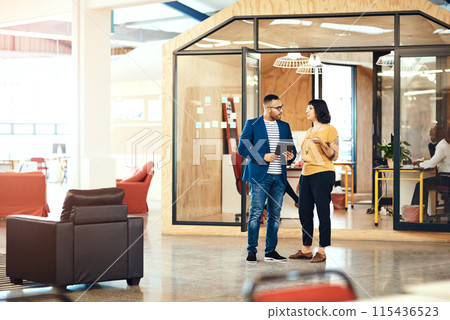 Discussion, tablet and business people in startup for planning, online networking and internet. Creative office, teamwork and man and woman on digital tech for research project, website and meeting 115436523