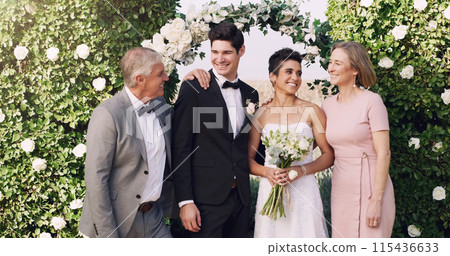 Couple, parents and wedding with flowers, smile and love for marriage, commitment and celebration. Bride, groom and family together with mother, father and bouquet for event, union and happy outdoor Couple, parents and wedding with flowers, smile and love for marriage, commitment and celebration. Bride, groom and family together with mother, father and bouquet for event, union and happy outdoor 115436633