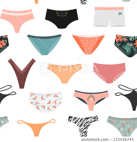 Cute women panties seamless pattern. Underwear background. Female lingerie symbols collection, vector illustration on white. 115436745