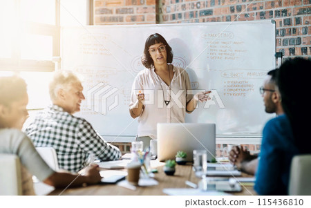 Discussion, meeting and business people in office for brainstorming, planning and discussion. Diversity, creative agency and men and women with whiteboard for teamwork, presentation and collaboration 115436810