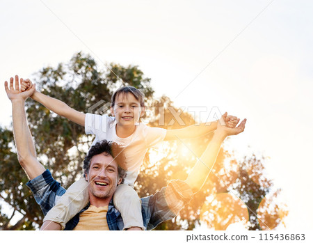 Nature, portrait or father and son with piggyback fun in park for bonding games on family adventure in forest. Flying, support or happy boy child with proud dad in woods for wellness, courage or love 115436863