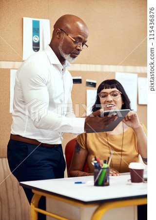 Business people, employee and discussion at desk with tablet for schedule planning, meeting agenda and review. Mature manager, technology and calendar feedback with communication and collaboration 115436876
