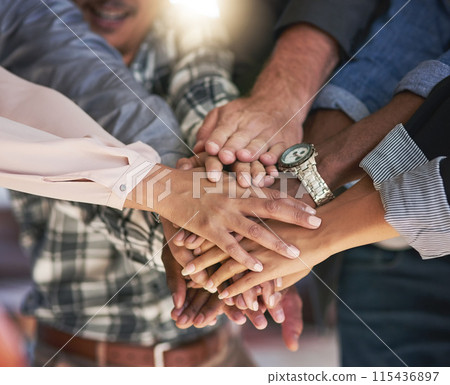 Business people, hands and together in office for motivation or goal achievement, synergy and group effort for task success. Workforce, huddle and teamwork with support, diversity and collaboration. Business people, hands and together in office for motivation or goal achievement, synergy and group effort for task success. Workforce, huddle and teamwork with support, diversity and collaboration. 115436897