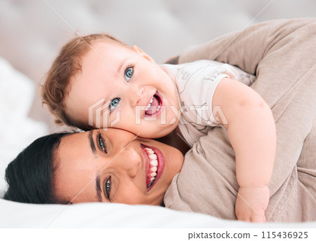 Hug, love or mother and baby on a bed with care, peace and bonding in their home with morning games at home. Happy family, child development and woman embrace son in a bedroom with safety or security 115436925