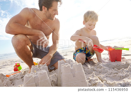 Father, son or building with sand castle and smile on beach for vacation, sunshine in nature. Male person, boy child or holiday with bucket by sea for learning and development, travel in Mauritius 115436950