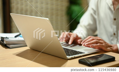 Hands of office manager typing on laptop keyboard searching information, browsing Hands of office manager typing on laptop keyboard searching information, browsing 115436980