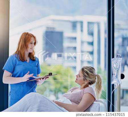 Women, doctor and patient in hospital, clipboard and conversation for diagnosis, consultation and medicare. Documents for insurance, professional and girl in bed, appointment and explain procedure Women, doctor and patient in hospital, clipboard and conversation for diagnosis, consultation and medicare. Documents for insurance, professional and girl in bed, appointment and explain procedure 115437015