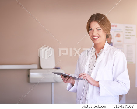 Woman, dentist or portrait in office with tablet for healthcare, check on schedule for consultation. Female orthodontist, dental or workplace with happiness for teeth, review or email with technology Woman, dentist or portrait in office with tablet for healthcare, check on schedule for consultation. Female orthodontist, dental or workplace with happiness for teeth, review or email with technology 115437108