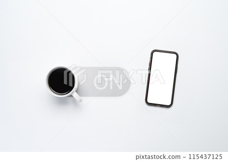 A cup of coffee with switch buttons and mobile phone isolated on white background. Get energy and Morning motivation A cup of coffee with switch buttons and mobile phone isolated on white background. Get energy and Morning motivation 115437125