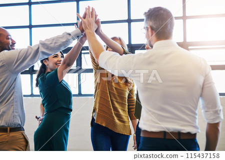 Businesspeople, team and hands with high five in office for synergy with happiness for collaboration. Victory, celebration and growth for success in company with workforce, partnership and solidarity 115437158